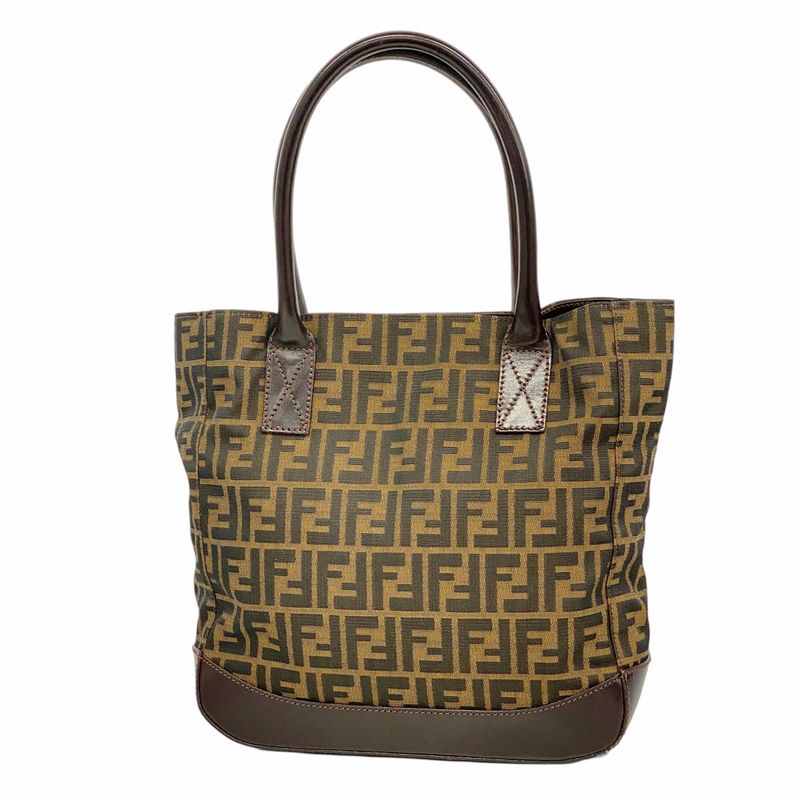 Fendi Tote Bag Zucca Nylon Canvas Brown Silver Hardware Women's