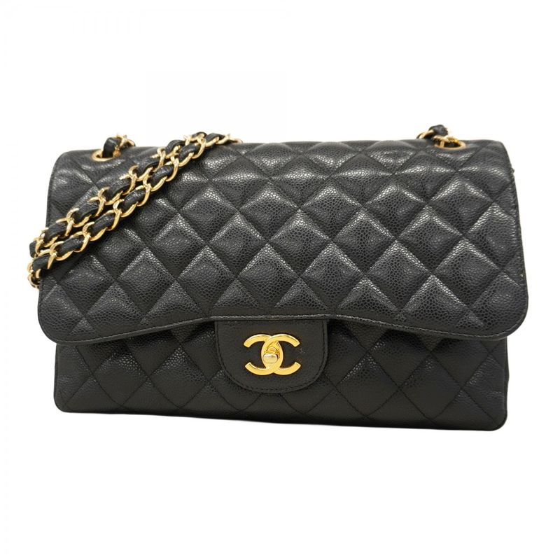 Chanel Shoulder Bag Matelasse Caviar Skin Black Gold Hardware Women