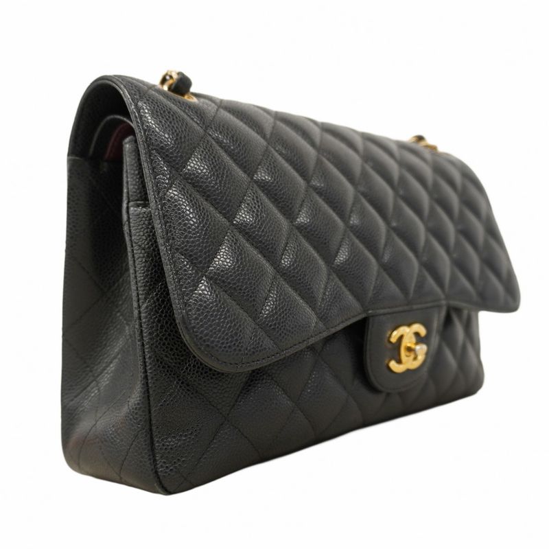 Chanel Shoulder Bag Matelasse Caviar Skin Black Gold Hardware Women