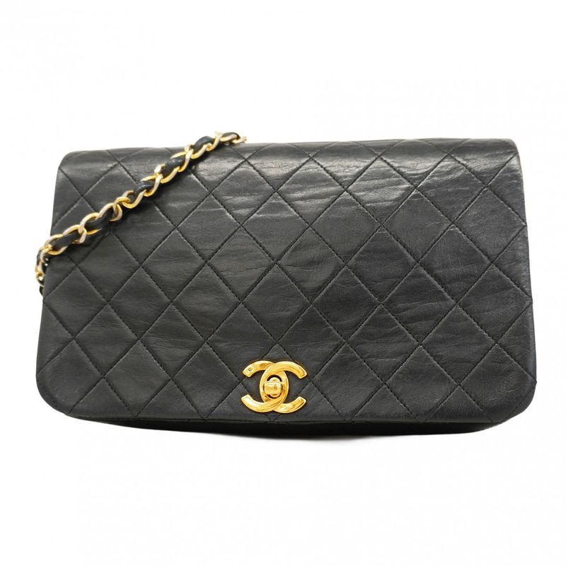 Chanel Shoulder Bag Matelasse Lambskin Black Gold Hardware Women