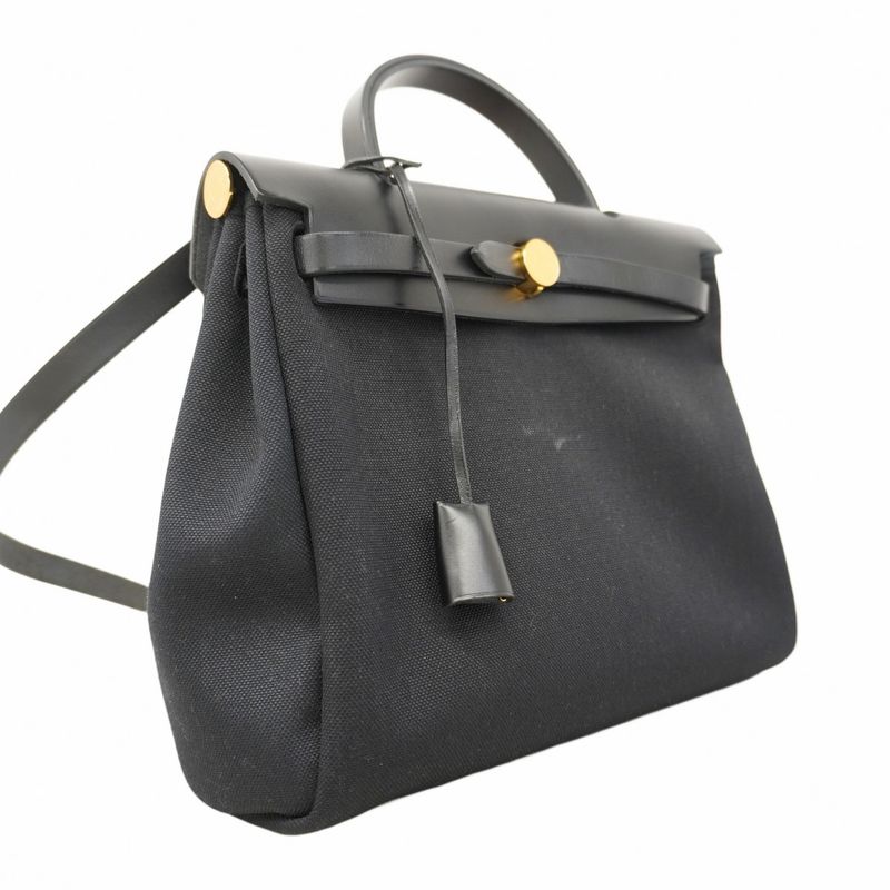 Hermes Handbag Herbag Zip PM Toile Military Black Gold Hardware Z Engraved