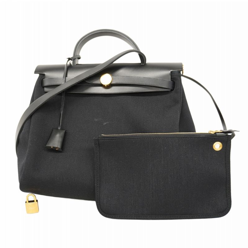 Hermes Handbag Herbag Zip PM Toile Military Black Gold Hardware Z Engraved