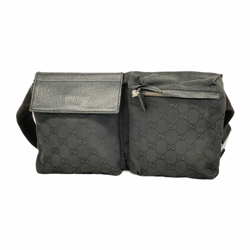 Gucci Waist Bag GG Canvas 28566 Canvas Black Silver Hardware Men Women Unisex