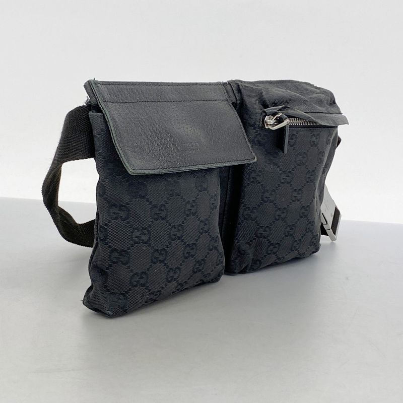 Gucci Waist Bag GG Canvas 28566 Canvas Black Silver Hardware Men Women Unisex