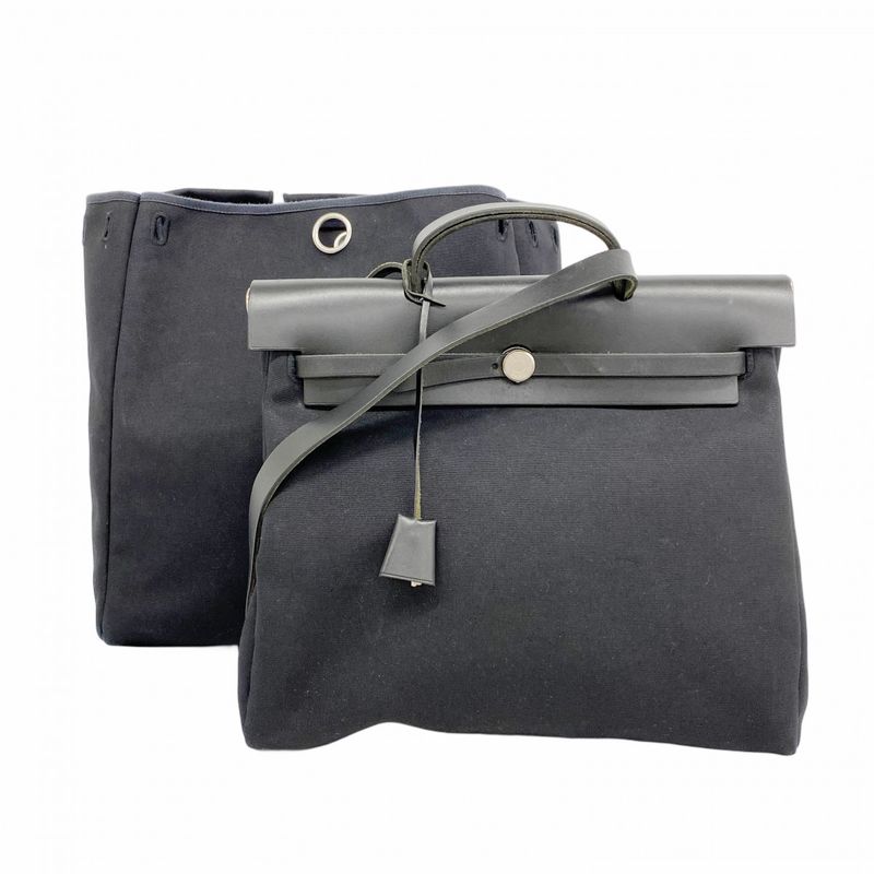 Hermes Handbag Herbag MM Toile Officier Black Silver Hardware □C Engraved