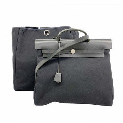 Hermes Handbag Herbag MM Toile Officier Black Silver Hardware □C Engraved