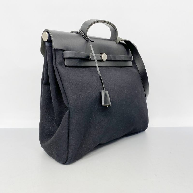 Hermes Handbag Herbag MM Toile Officier Black Silver Hardware □C Engraved