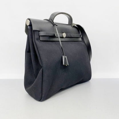 Hermes Handbag Herbag MM Toile Officier Black Silver Hardware □C Engraved