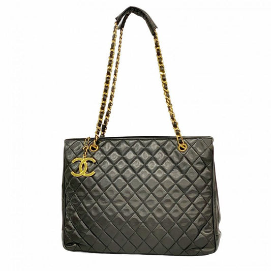Chanel Shoulder Bag Matelasse Lambskin Black Gold Hardware Women