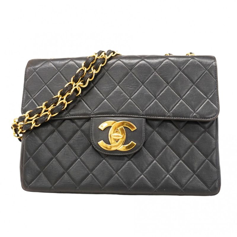 Chanel Shoulder Bag Deka Matelasse Lambskin Black Gold Hardware Women