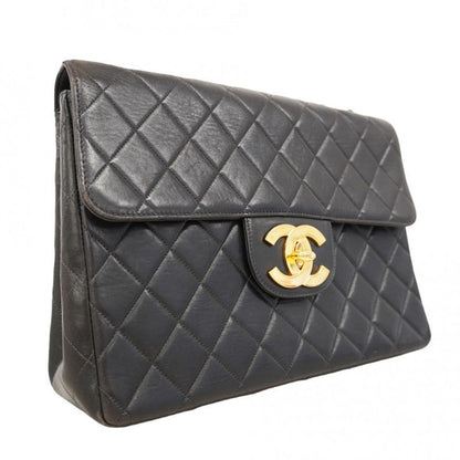 Chanel Shoulder Bag Deka Matelasse Lambskin Black Gold Hardware Women