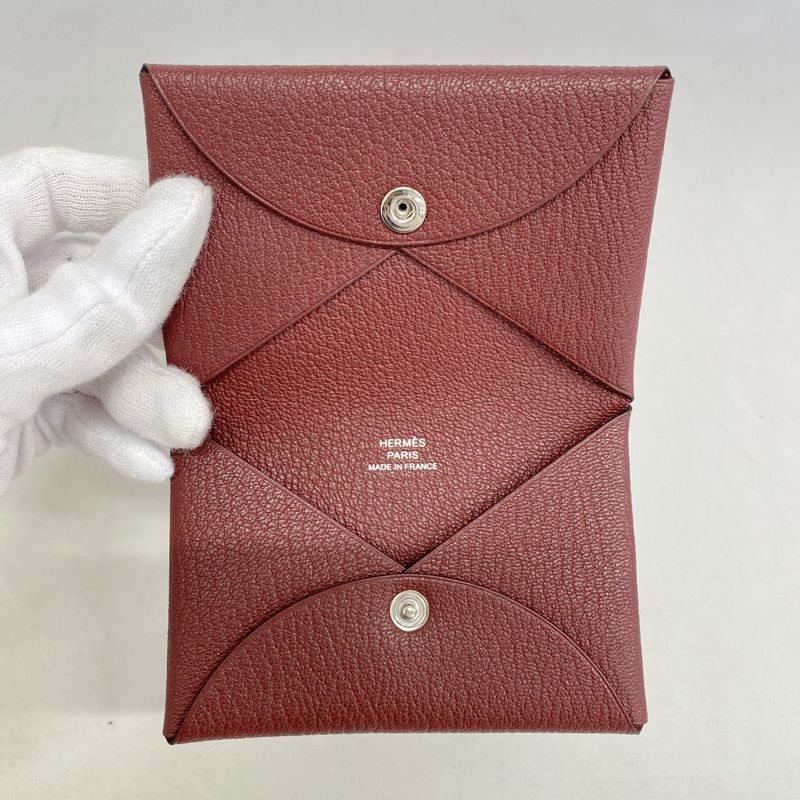 Hermes Card Case Calvi Duo Chevre Bordeaux Silver Hardware K Engraved Ladies