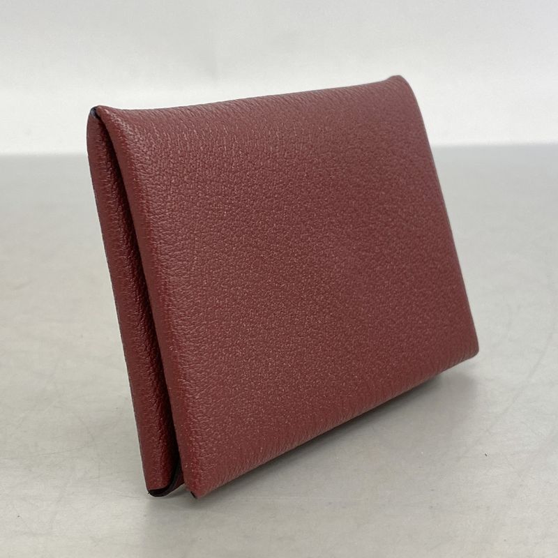 Hermes Card Case Calvi Duo Chevre Bordeaux Silver Hardware K Engraved Ladies
