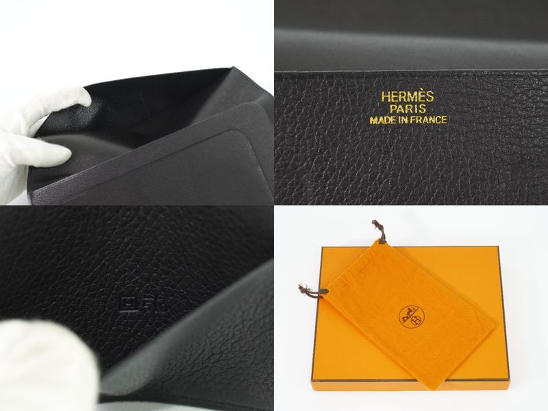 Genuine Hermes Leather Long Wallet Long Wallet Bills □H Mark 2004 Black Wallet