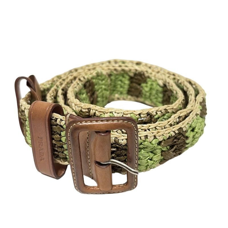 Prada Belt 85/34 - Light Green Dark Brown And Beige Striped/braided Leather