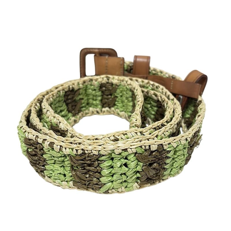 Prada Belt 85/34 - Light Green Dark Brown And Beige Striped/braided Leather
