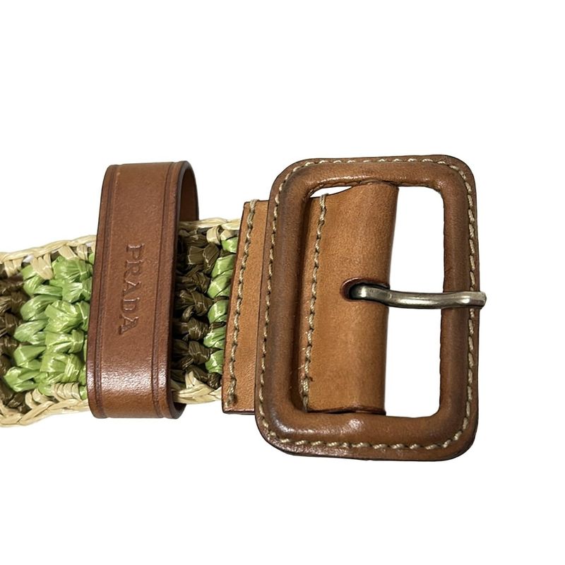 Prada Belt 85/34 - Light Green Dark Brown And Beige Striped/braided Leather