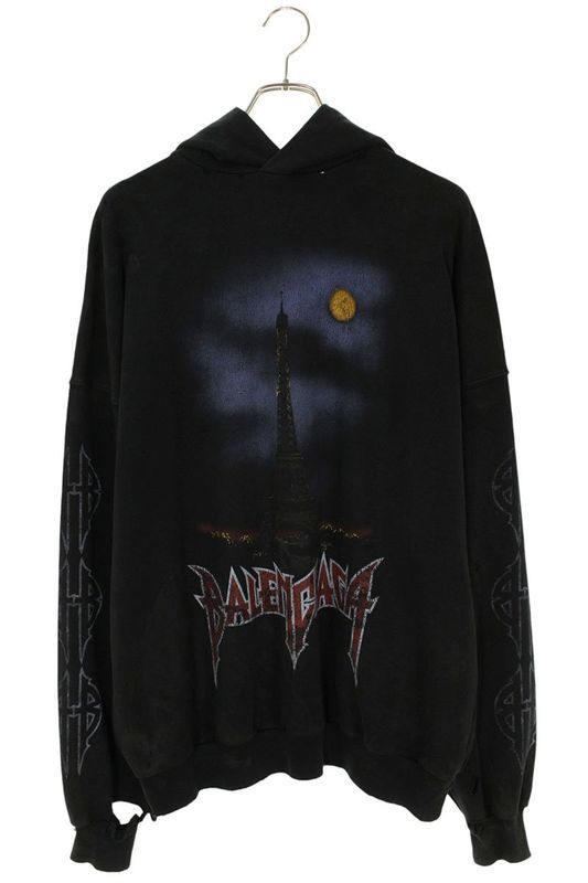 Balenciaga 744462 Tqvx7 Paris Moon Vintage Finish Metal Logo Hoodie Men 1