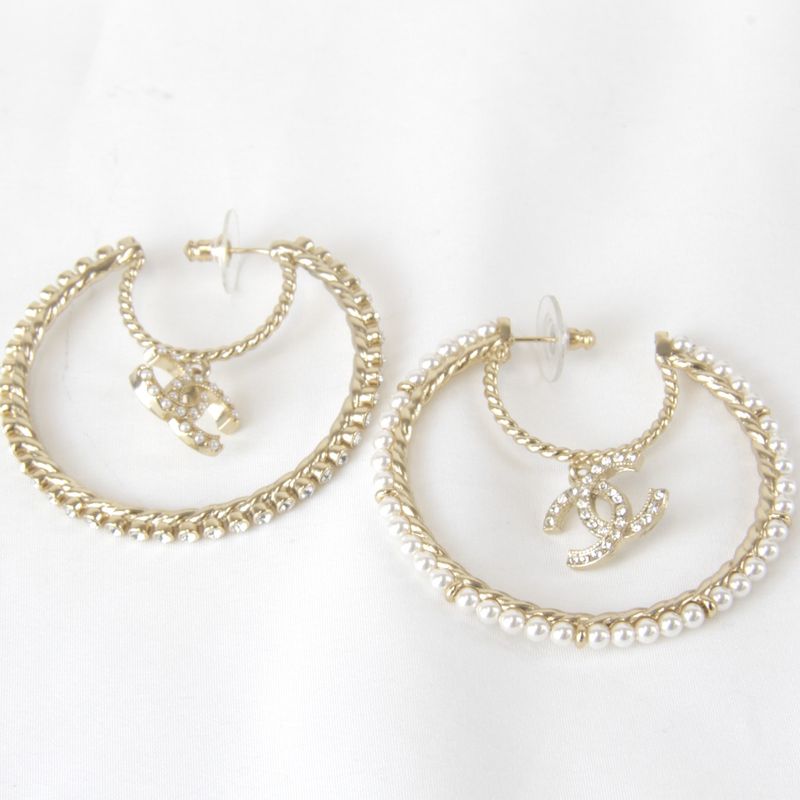 Metal Chanel Pearl/rhinestone Hoop Earrings With Box
