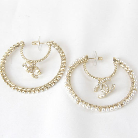 Metal Chanel Pearl/rhinestone Hoop Earrings With Box