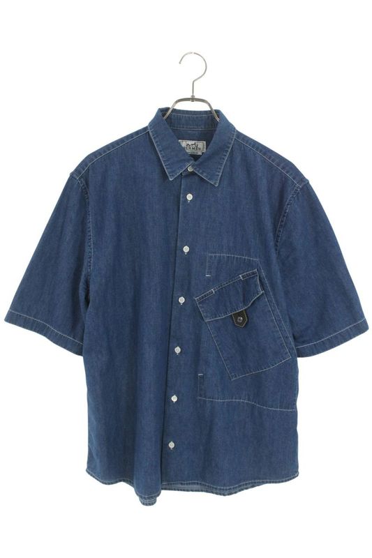 Hermes H556200ha Leather Tab Flap Pocket Denim Short Sleeve Shirt Men's 40