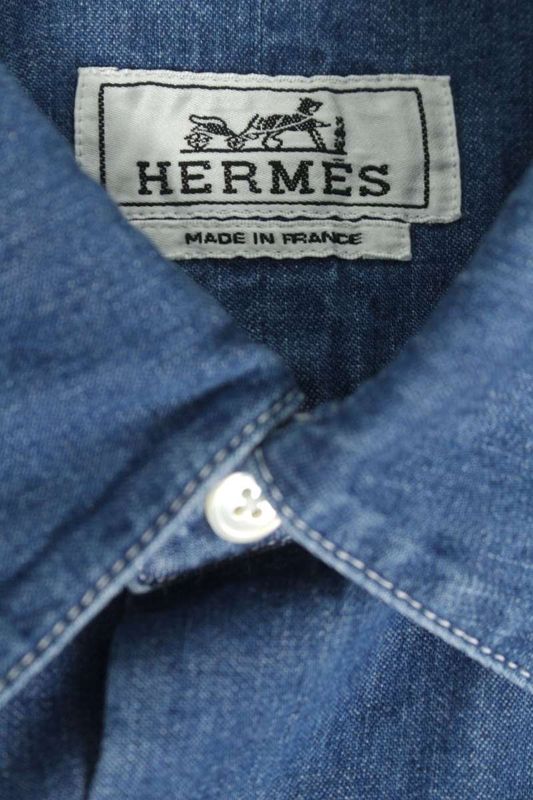 Hermes H556200ha Leather Tab Flap Pocket Denim Short Sleeve Shirt Men's 40