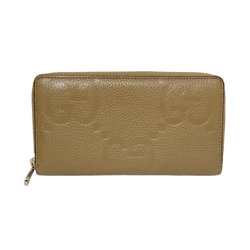 Gucci Long Wallet Jumbo GG 739484 Grey Beige Round Zipper Leather
