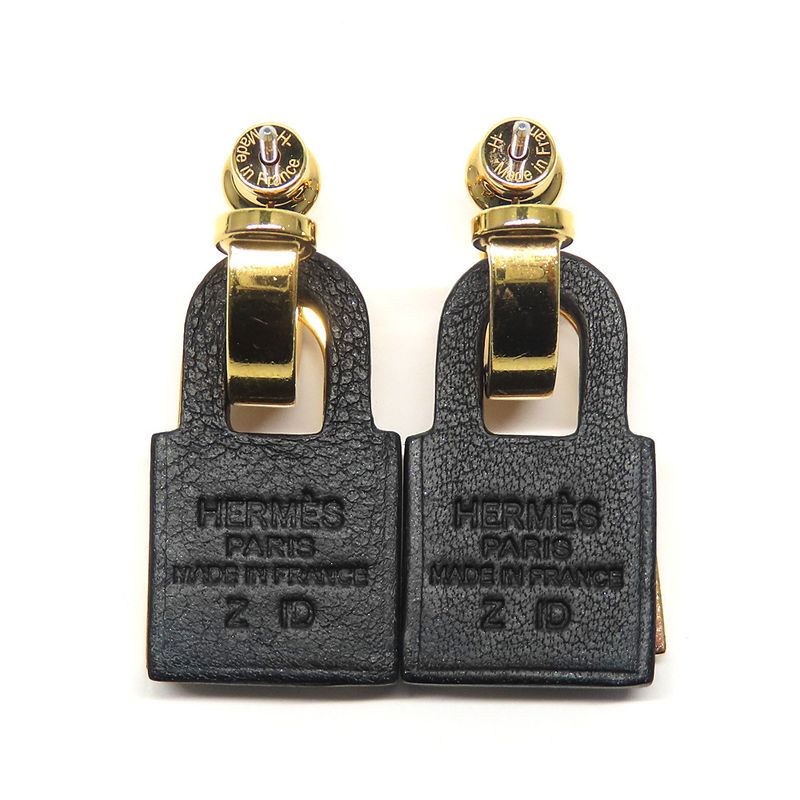 Hermes O-kelly Earrings GP Cadena Gold Black Leather Z Carved