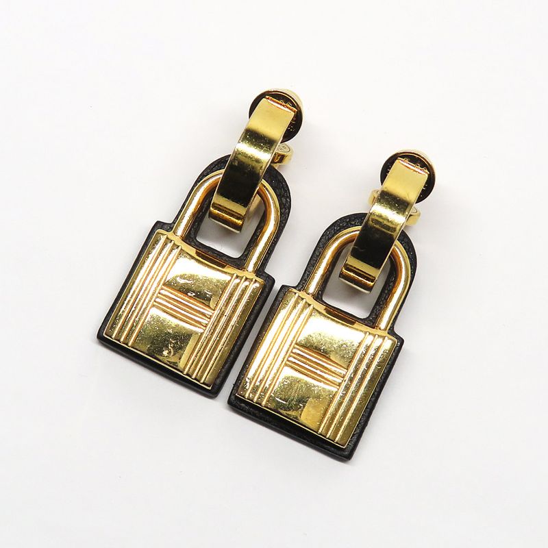 Hermes O-kelly Earrings GP Cadena Gold Black Leather Z Carved