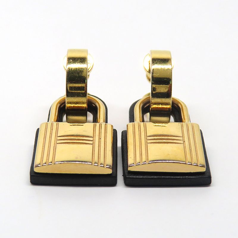 Hermes O-kelly Earrings GP Cadena Gold Black Leather Z Carved