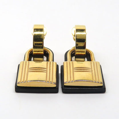 Hermes O-kelly Earrings GP Cadena Gold Black Leather Z Carved