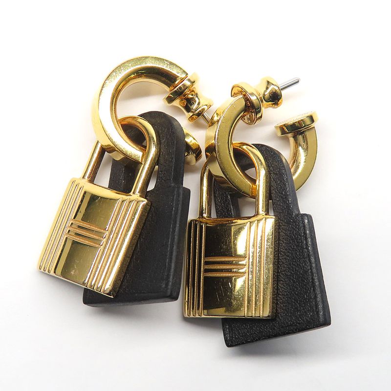 Hermes O-kelly Earrings GP Cadena Gold Black Leather Z Carved