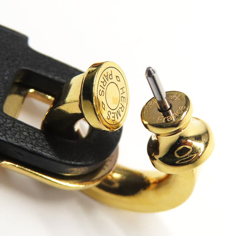 Hermes O-kelly Earrings GP Cadena Gold Black Leather Z Carved