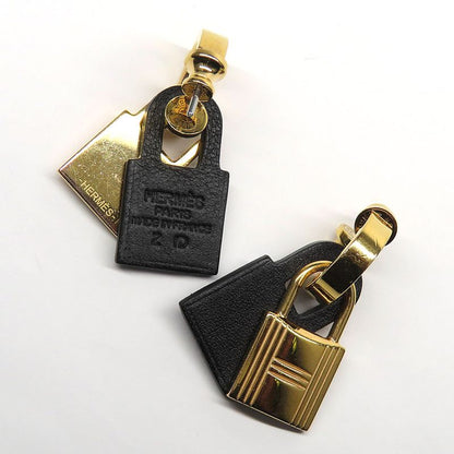Hermes O-kelly Earrings GP Cadena Gold Black Leather Z Carved