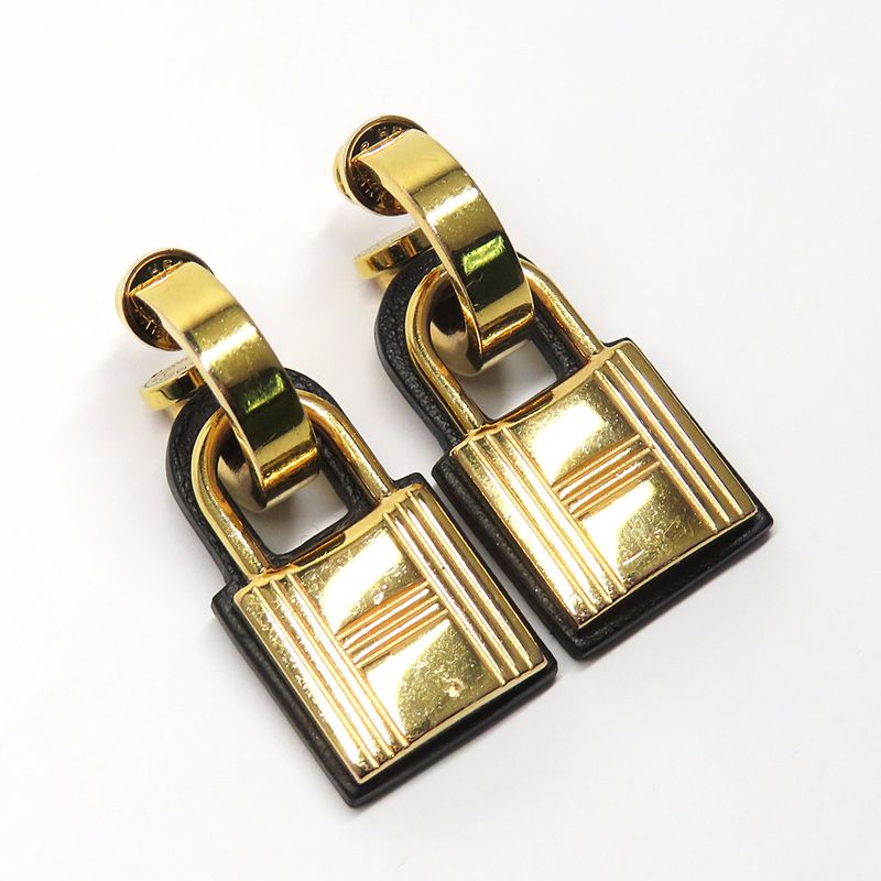 Hermes O-kelly Earrings GP Cadena Gold Black Leather Z Carved