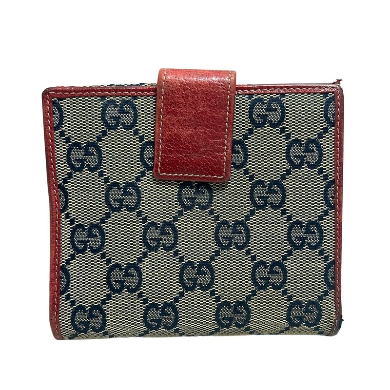 Gucci W Hook Wallet In GG Pattern Navy And Gray Beige And Red Leather