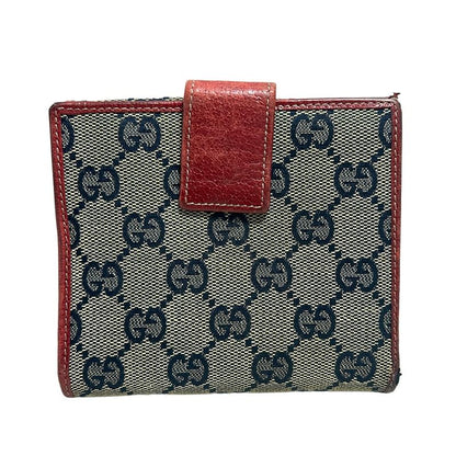 Gucci W Hook Wallet In GG Pattern Navy And Gray Beige And Red Leather