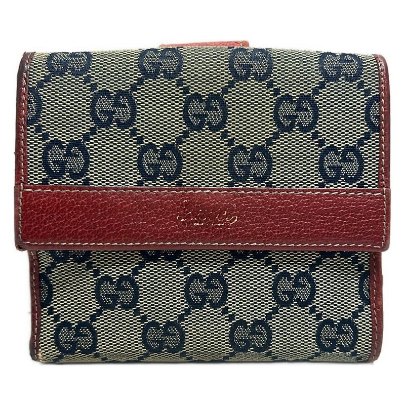 Gucci W Hook Wallet In GG Pattern Navy And Gray Beige And Red Leather