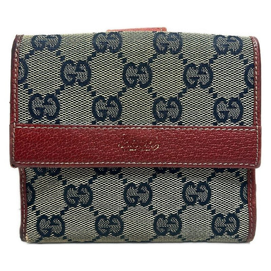 Gucci W Hook Wallet In GG Pattern Navy And Gray Beige And Red Leather