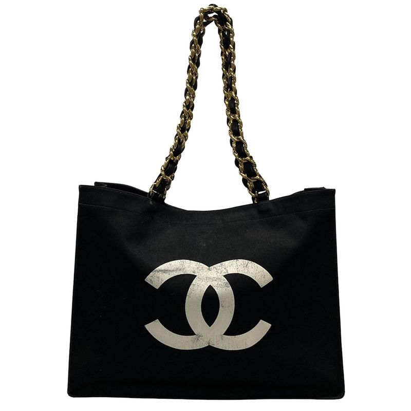 Chanel Tote Bag - Black And White Coco Mark / Chain Shoulder / Gold Hardware