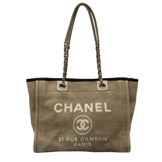 Chanel Tote Bag Deauville Line MM Beige X Dark Brown Chain Shoulder / Silver