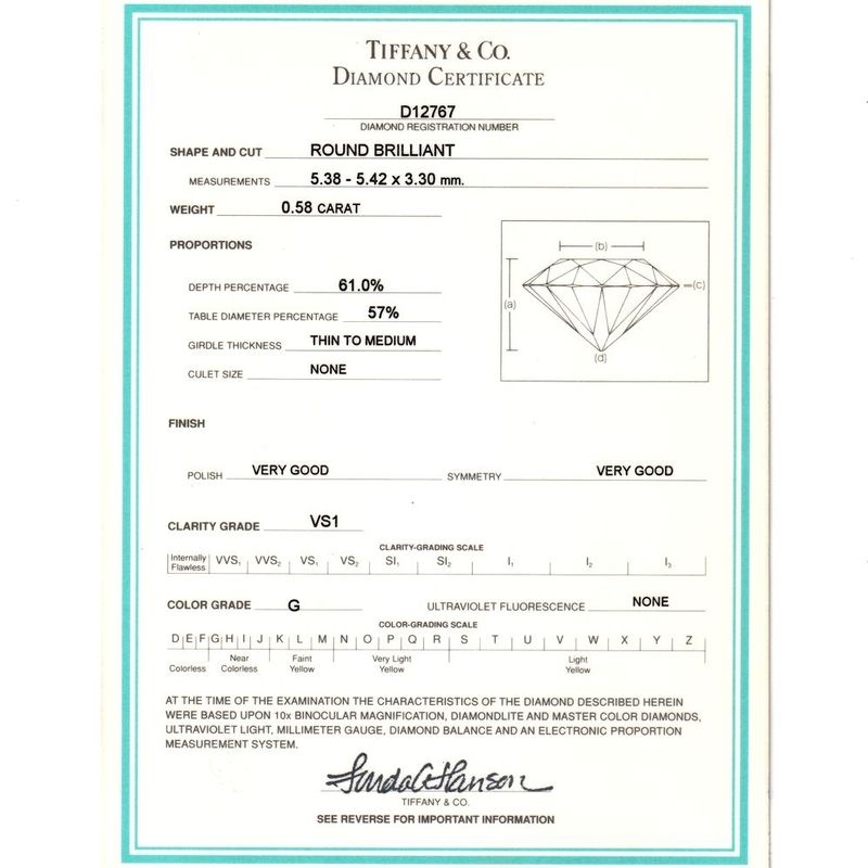 Tiffany & Co Solitaire 058ct Diamond Ring G-vs1 Pt950