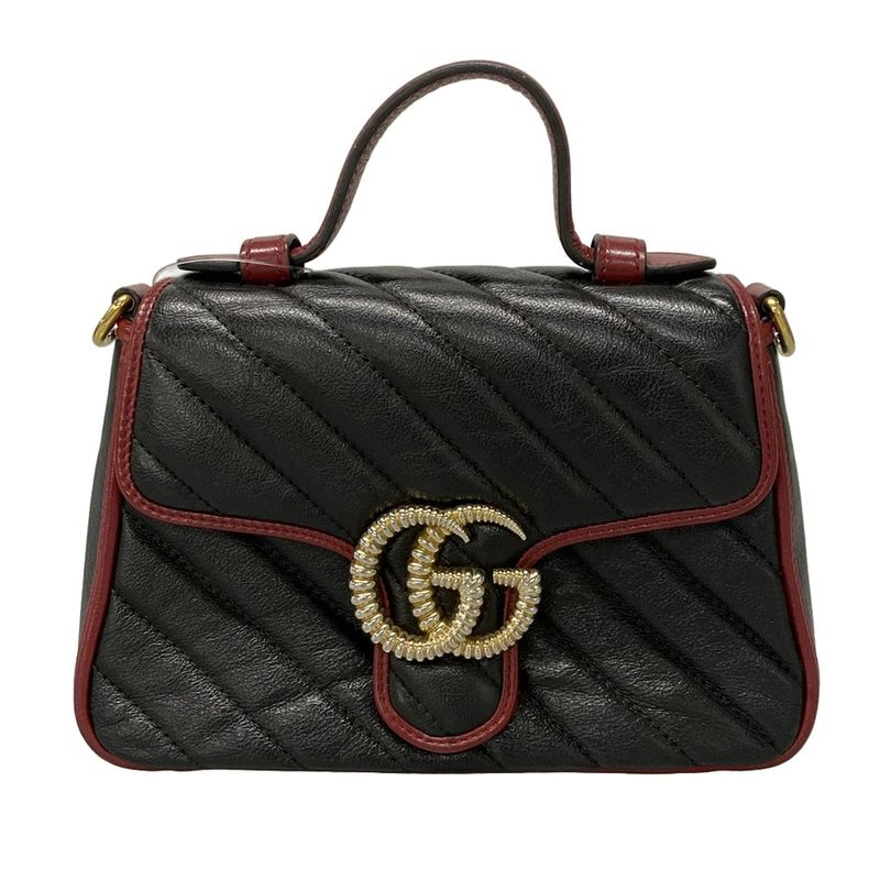 Gucci Handbag GG Marmont Mini Top Handle Bag 583571 Black And Red Leather