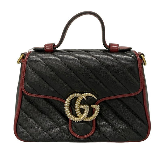 Gucci Handbag GG Marmont Mini Top Handle Bag 583571 Black And Red Leather