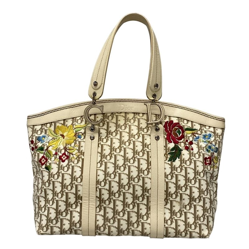 Dior/christian Dior Tote Bag Flower/trotter Ivory And Brown Cotton Leather