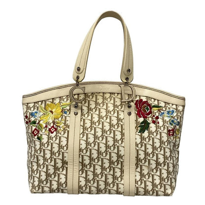 Dior/christian Dior Tote Bag Flower/trotter Ivory And Brown Cotton Leather