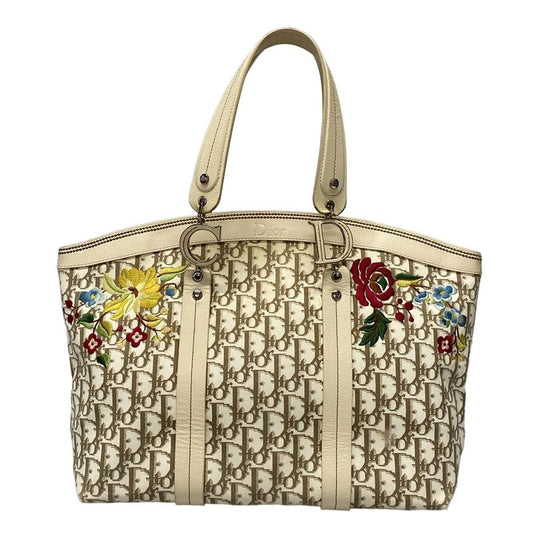Dior/christian Dior Tote Bag Flower/trotter Ivory And Brown Cotton Leather