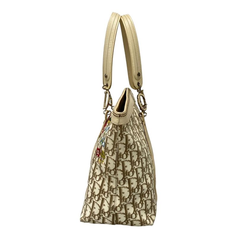 Dior/christian Dior Tote Bag Flower/trotter Ivory And Brown Cotton Leather