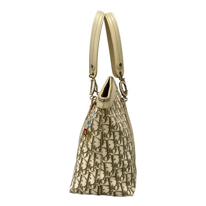 Dior/christian Dior Tote Bag Flower/trotter Ivory And Brown Cotton Leather
