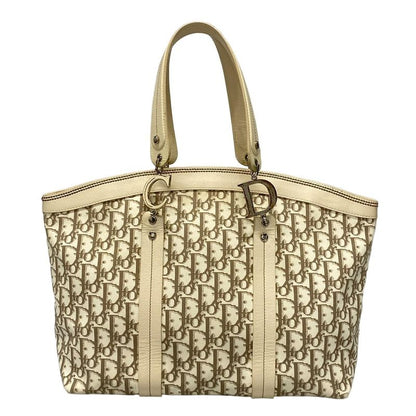 Dior/christian Dior Tote Bag Flower/trotter Ivory And Brown Cotton Leather